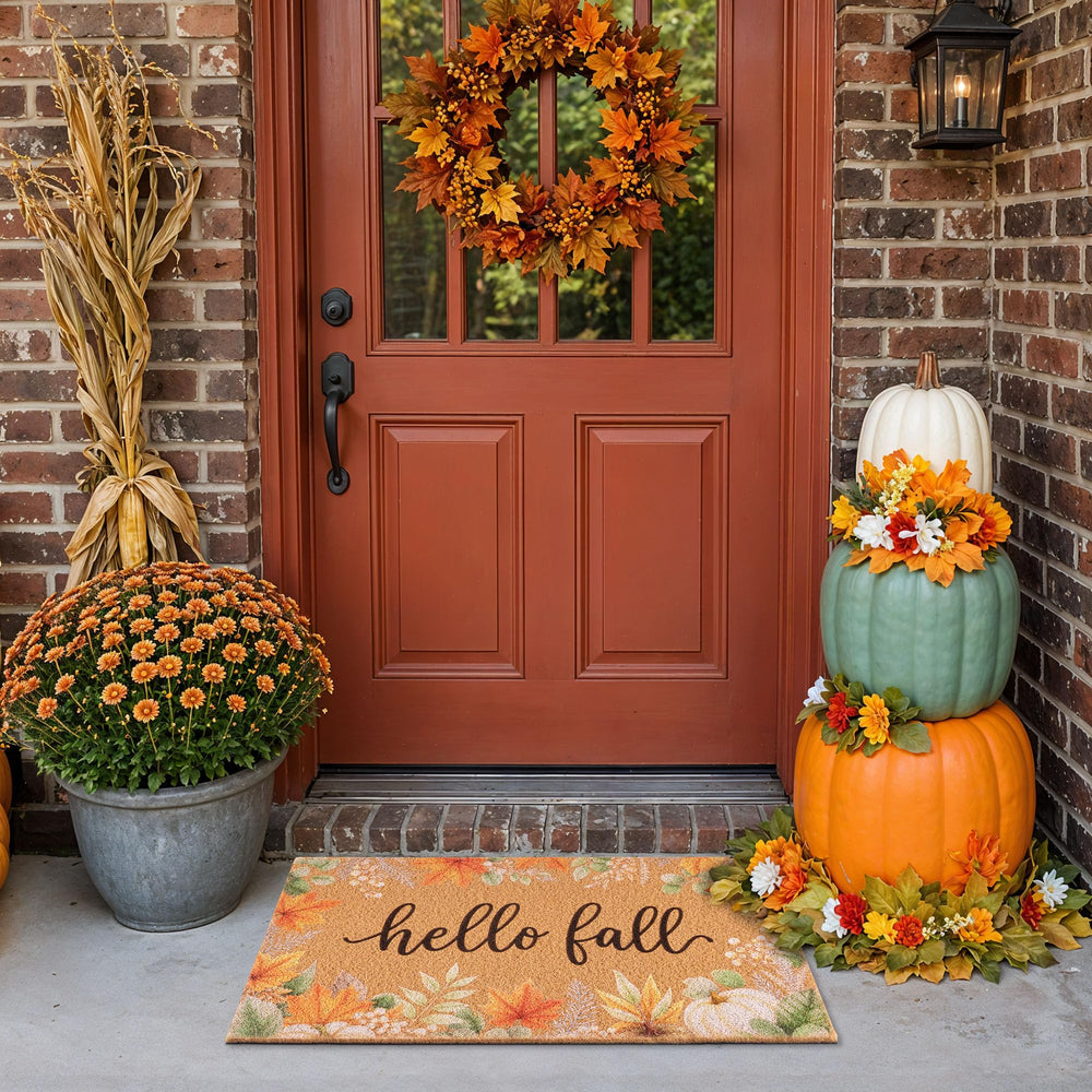 Fttoyoly Eucalyptus Pumpkin Door Mat in garden setting