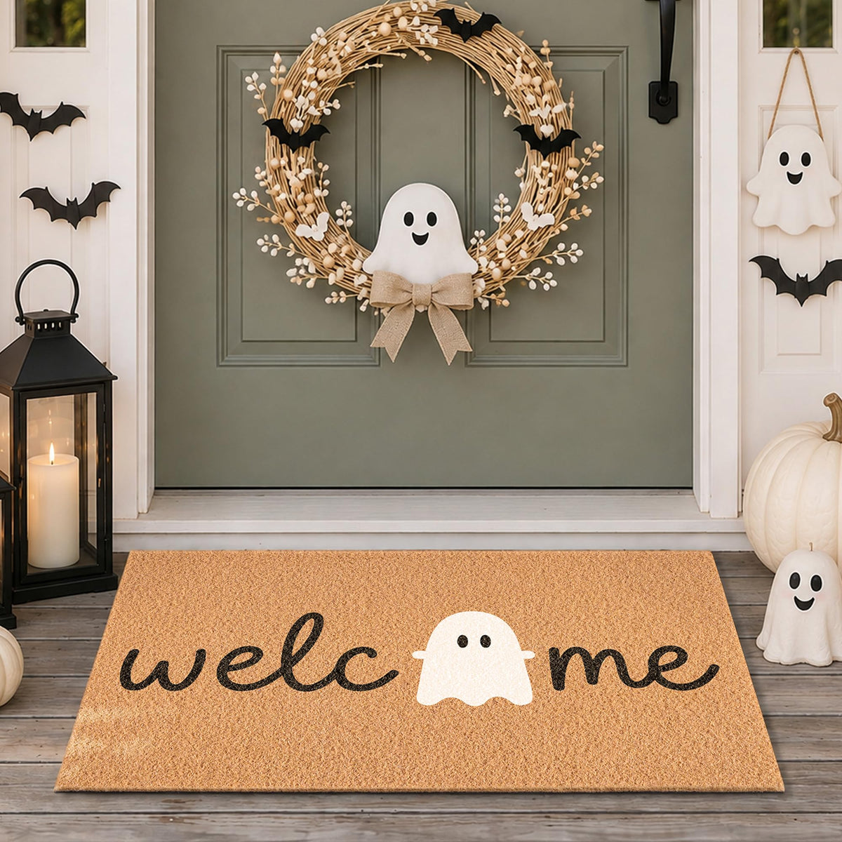 Fttoyoly Ghost Welcome Door Mat front view with playful design