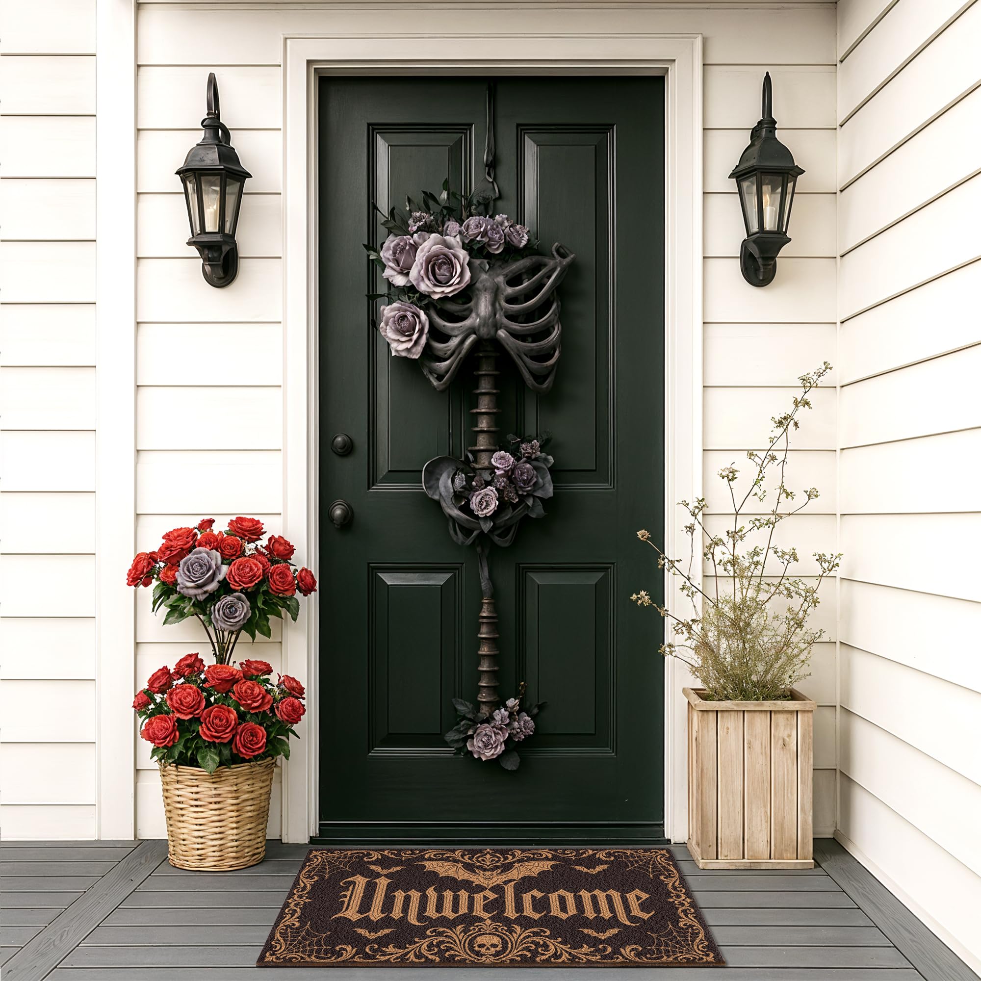 Fttoyoly Gothic Bat Skull Doormat showing intricate cobweb patterns