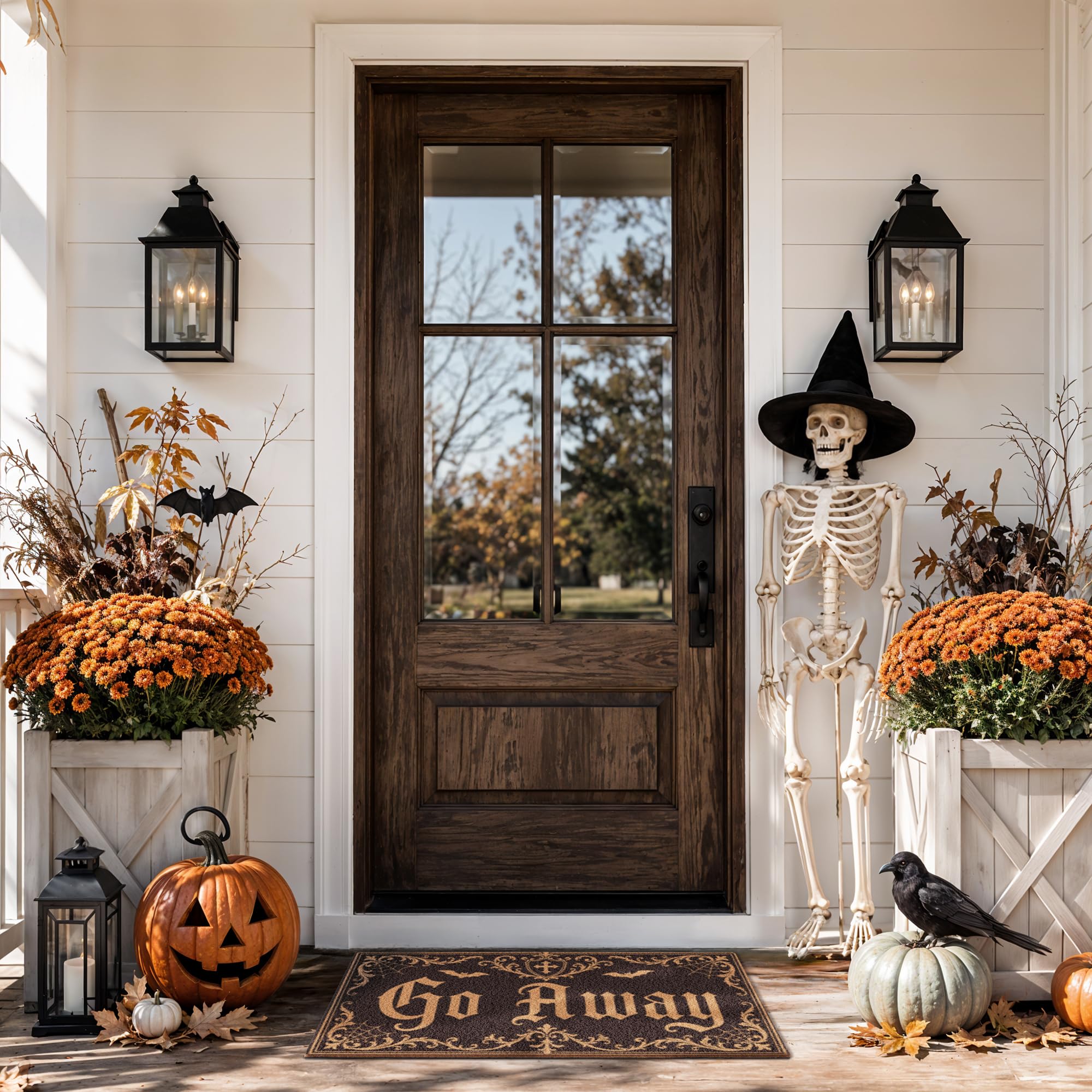 Fttoyoly Halloween Door Mat in a decorated porch setting