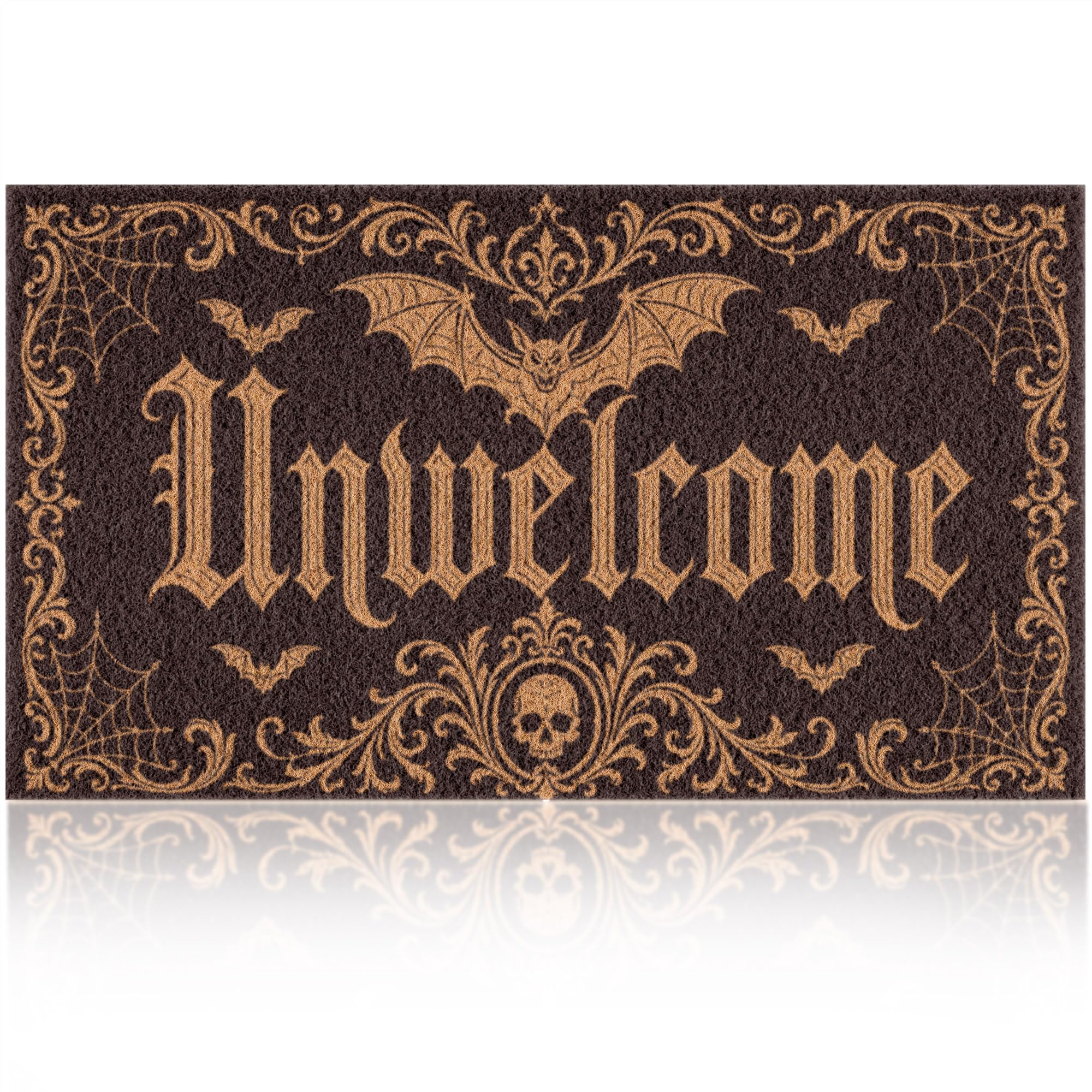 Fttoyoly Halloween Front Door Mat Gothic Bat Skull front view