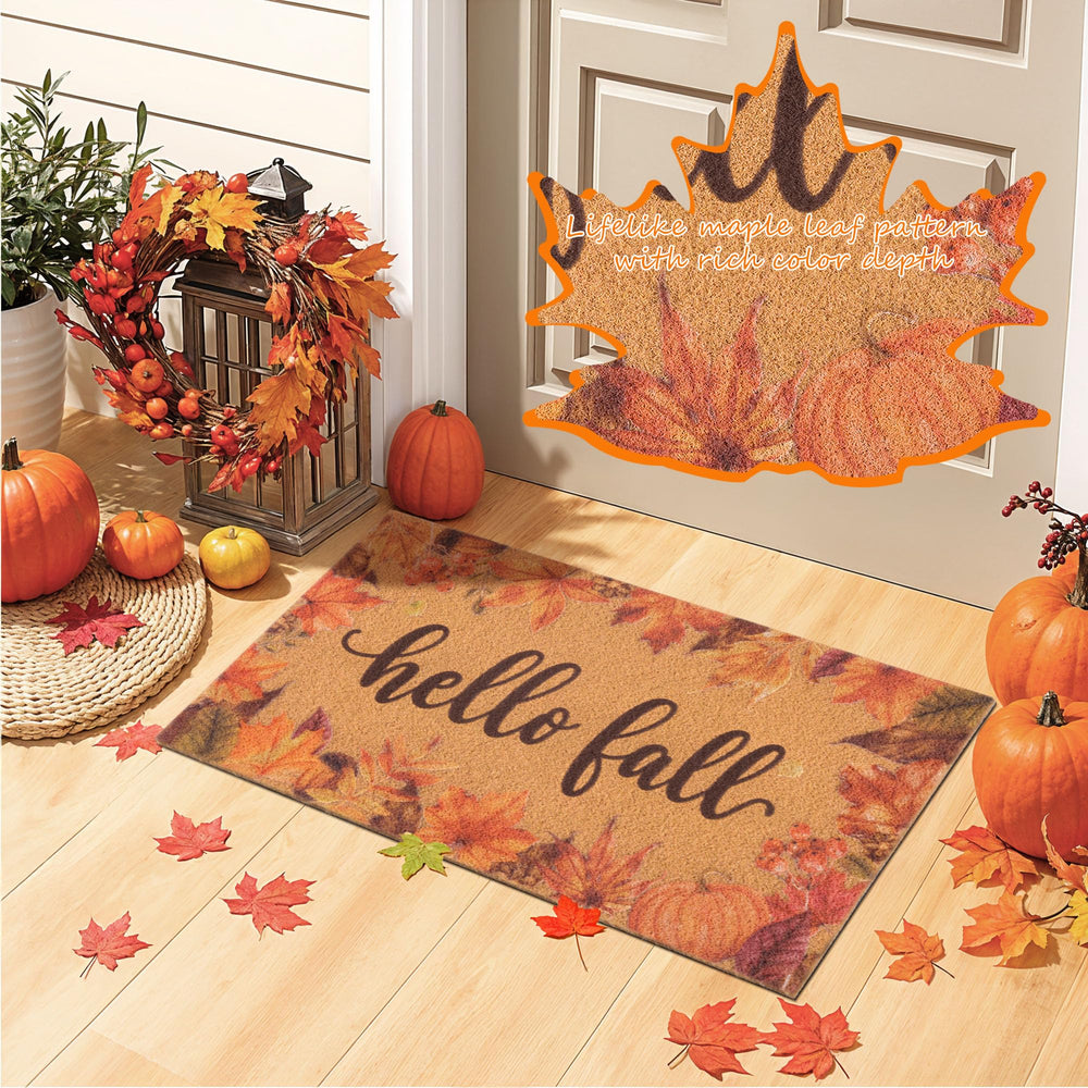 Fttoyoly Hello Fall Door Mat displaying its non-slip PVC backing