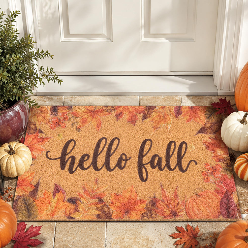 Fttoyoly Hello Fall Pumpkin Door Mat front view with vibrant autumn design