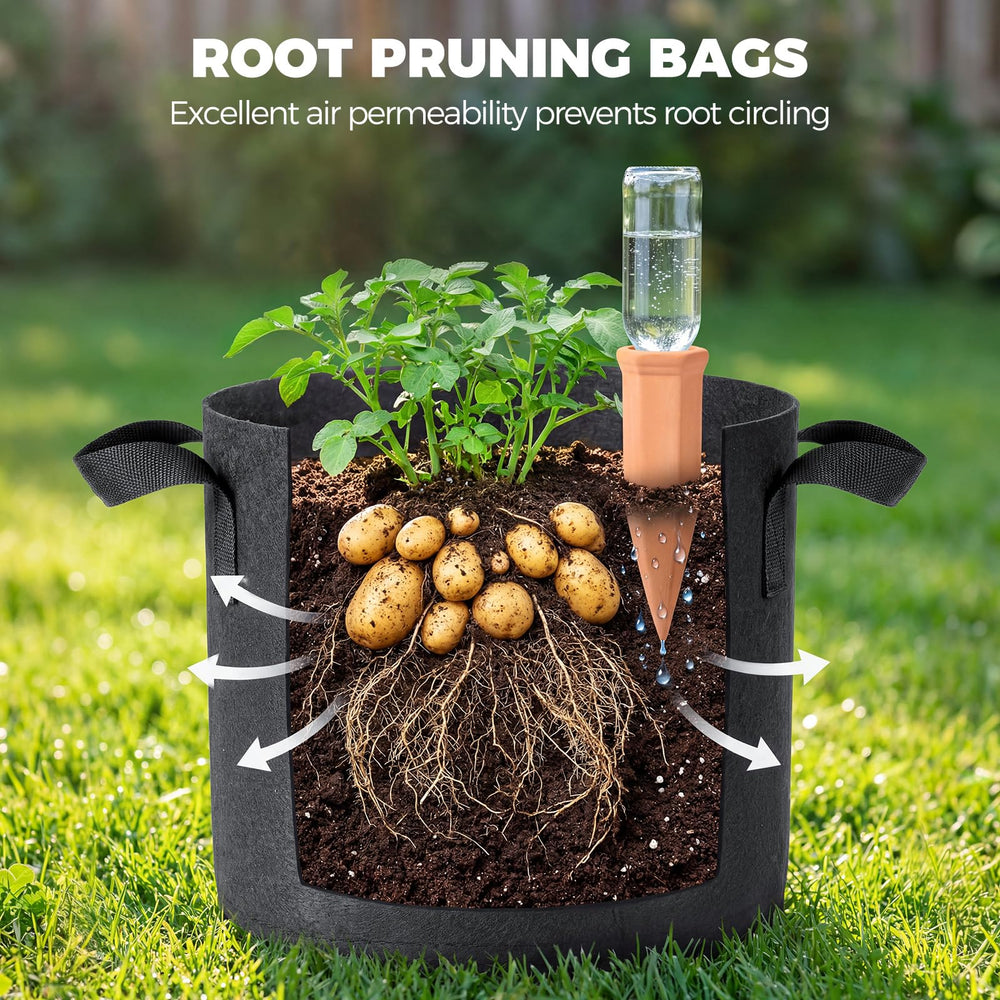 FuBegi grow bags set on a patio with plants