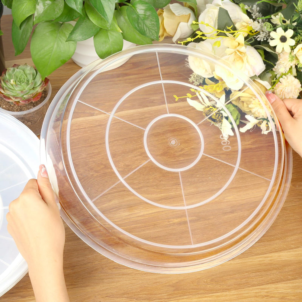 FUIJOL 14-inch clear plant saucer showing dimensions