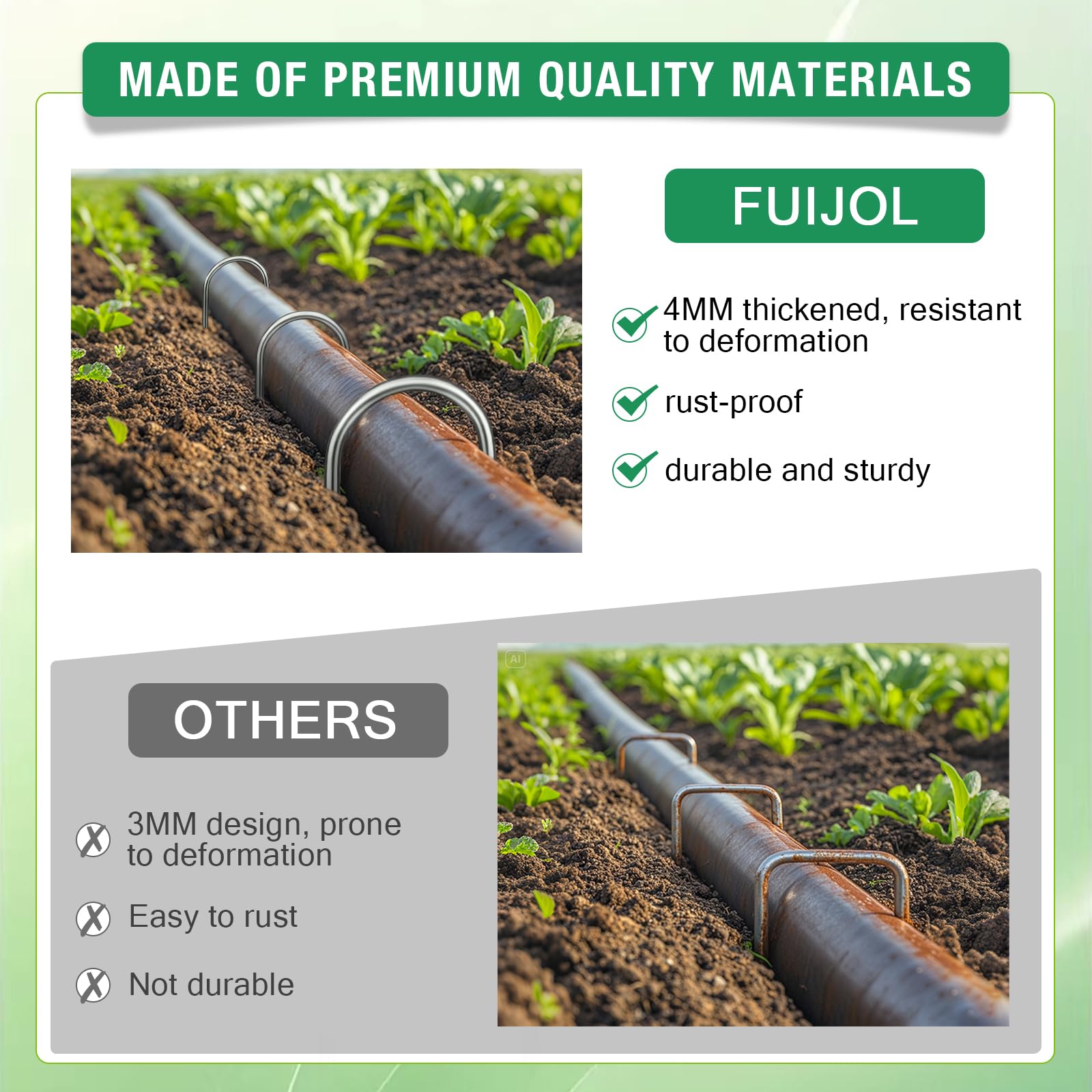 FUIJOL Landscape Staples in use securing drip irrigation tubing