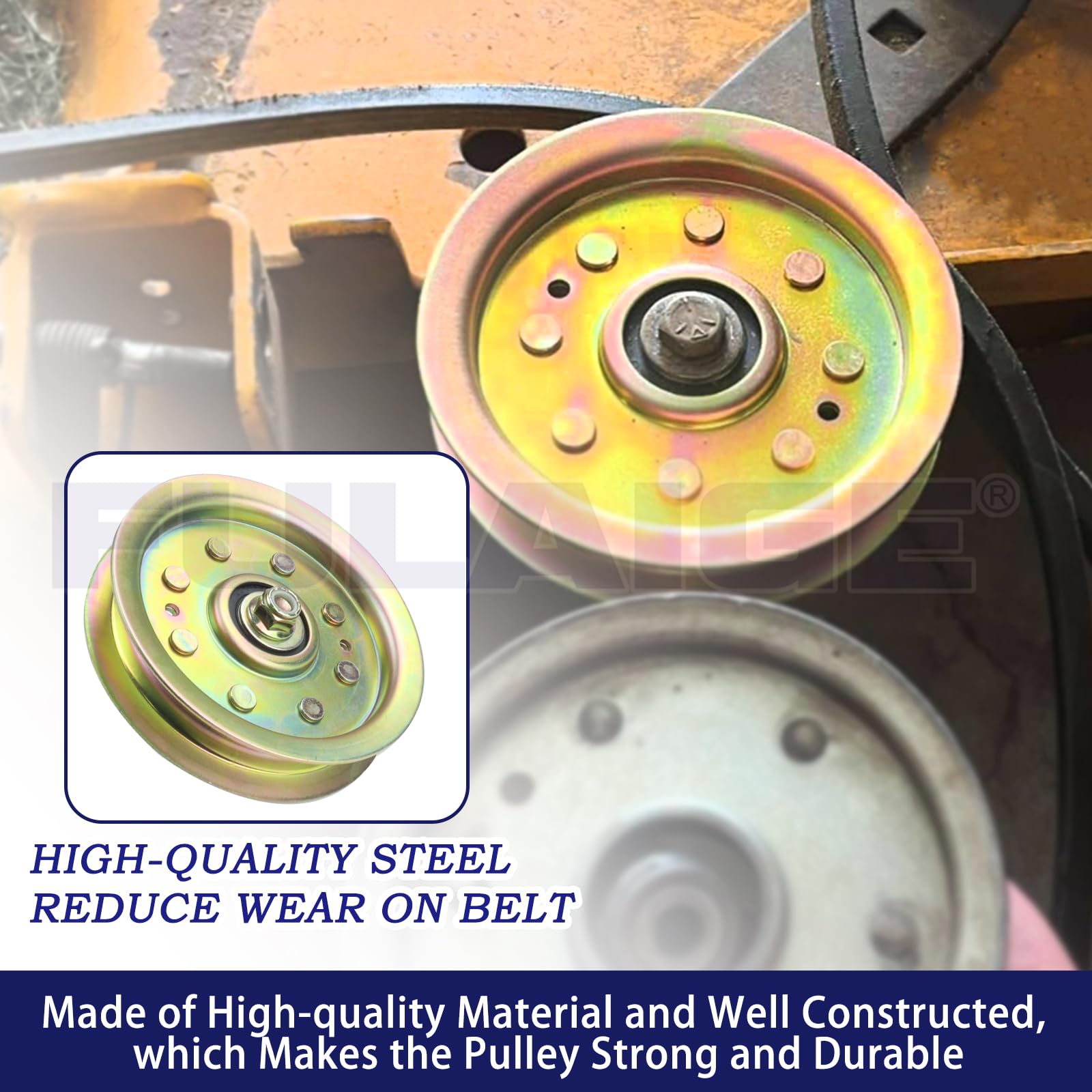 FULAIGE idler pulley against a lawn mower backdrop