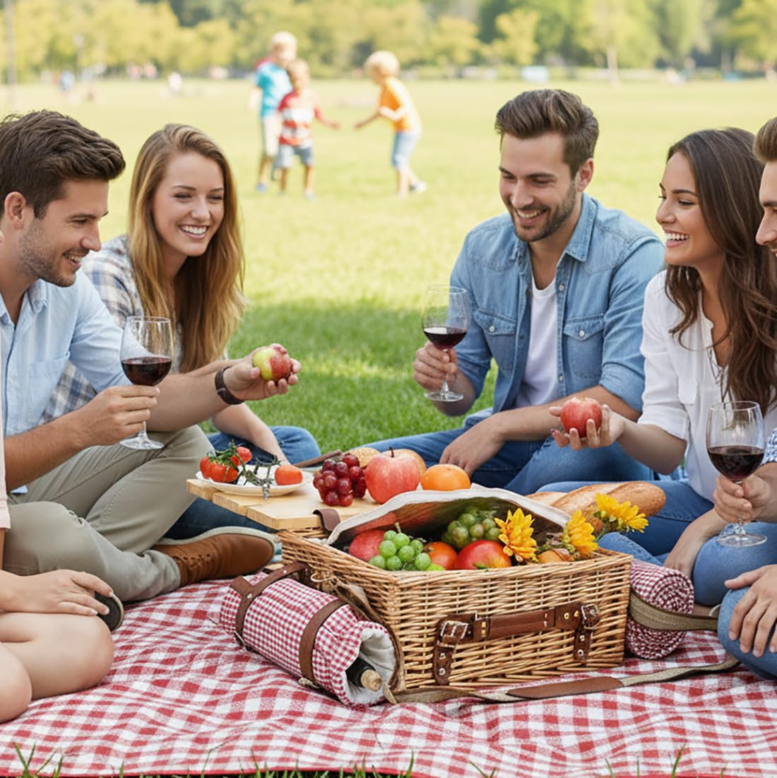 Full picnic setup with wine and tableware on blanket