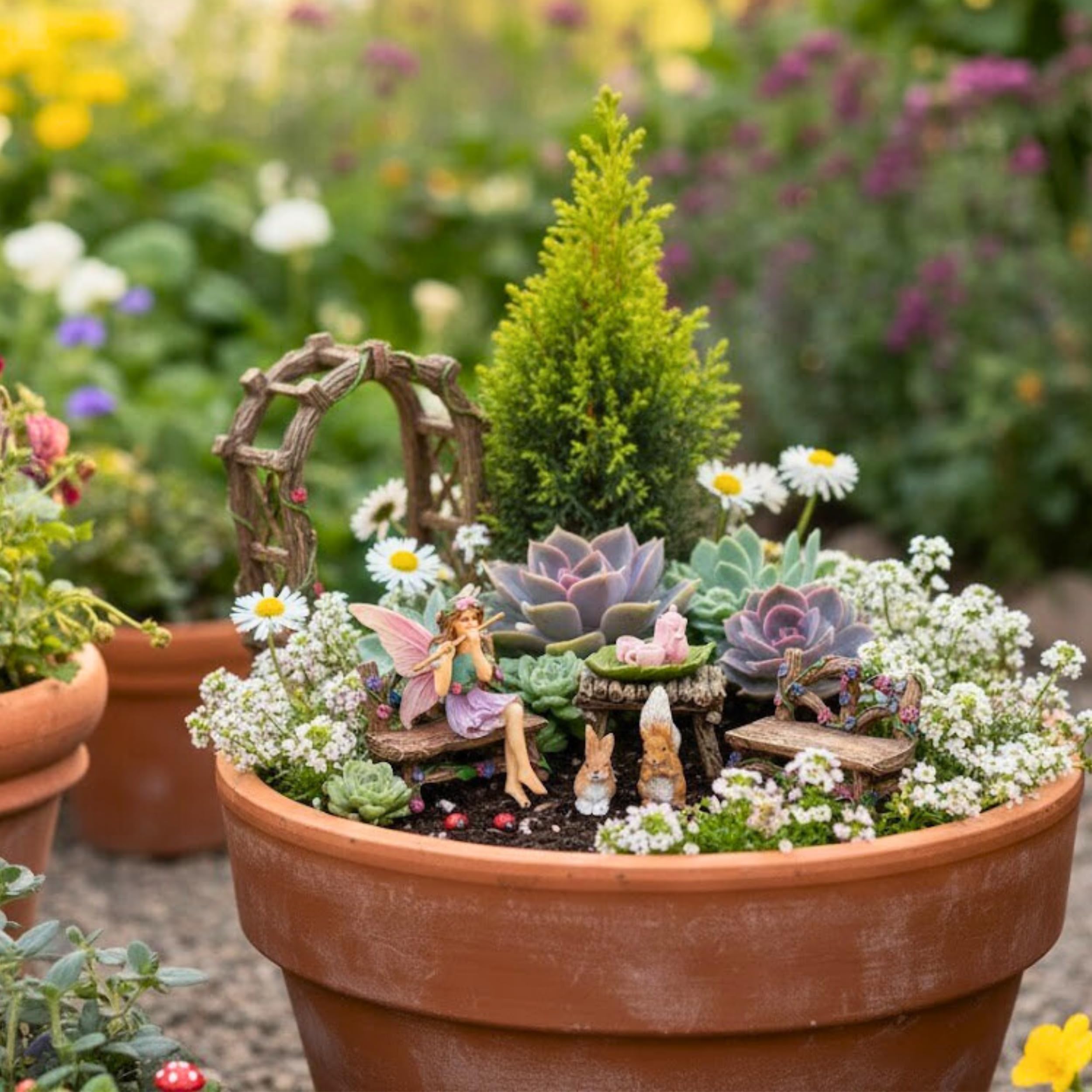 Full set of PRETMANNS fairy garden accessories displayed outdoors