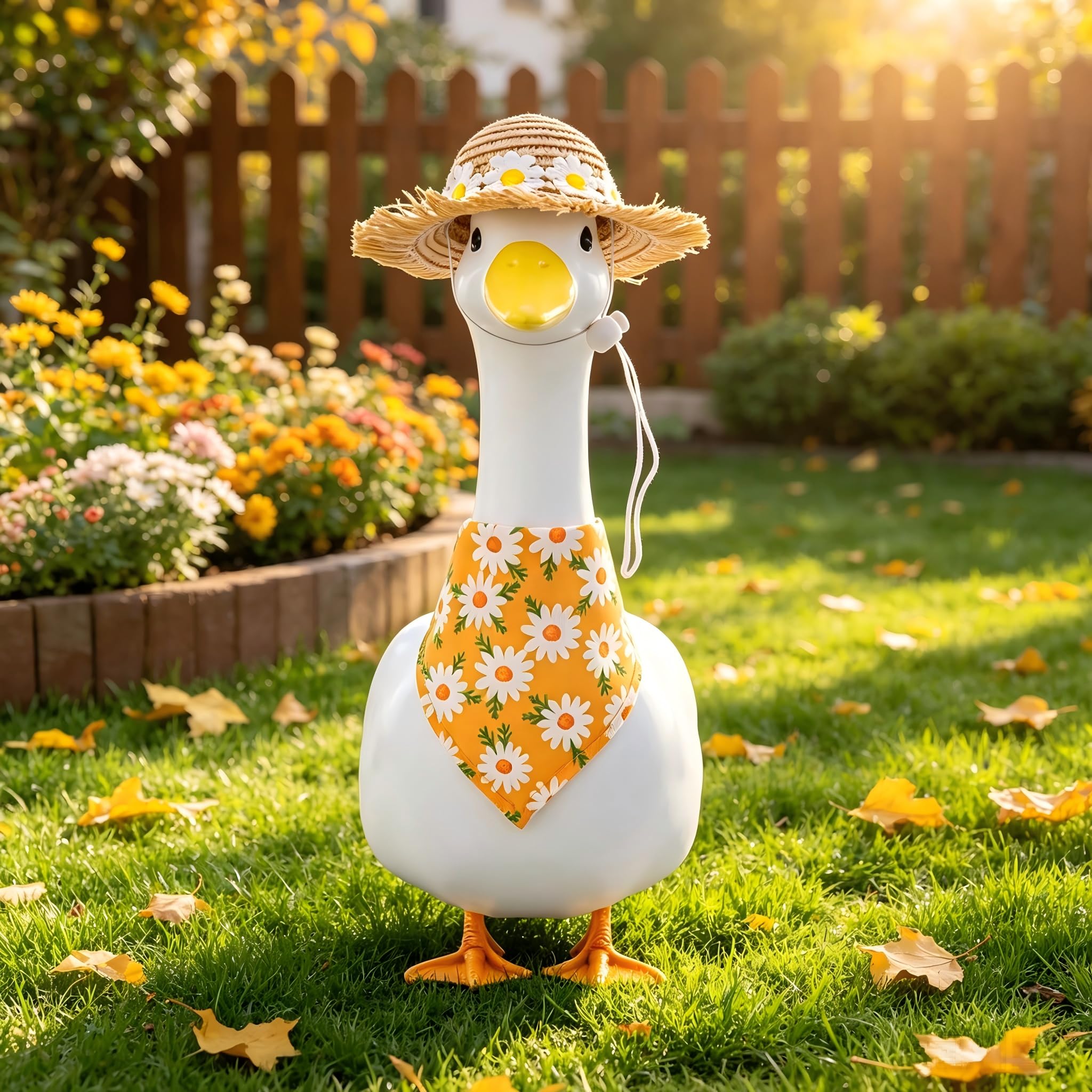 Full view of 23-inch goose wearing daisy outfit