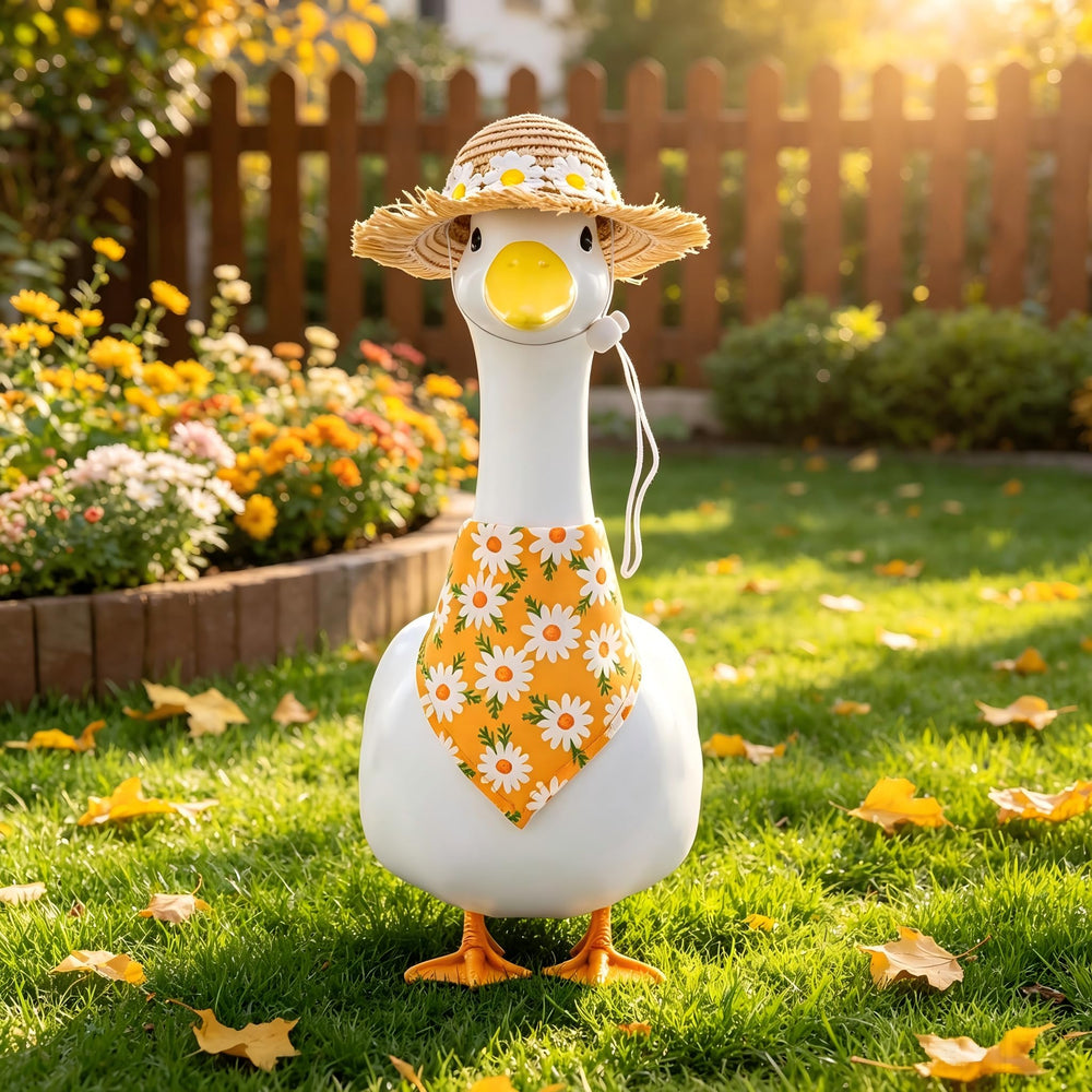 Full view of 23-inch goose wearing daisy outfit