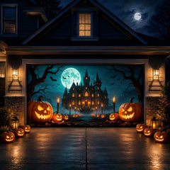 Full view of Allotall Halloween Garage Door Cover outside a decorated garage