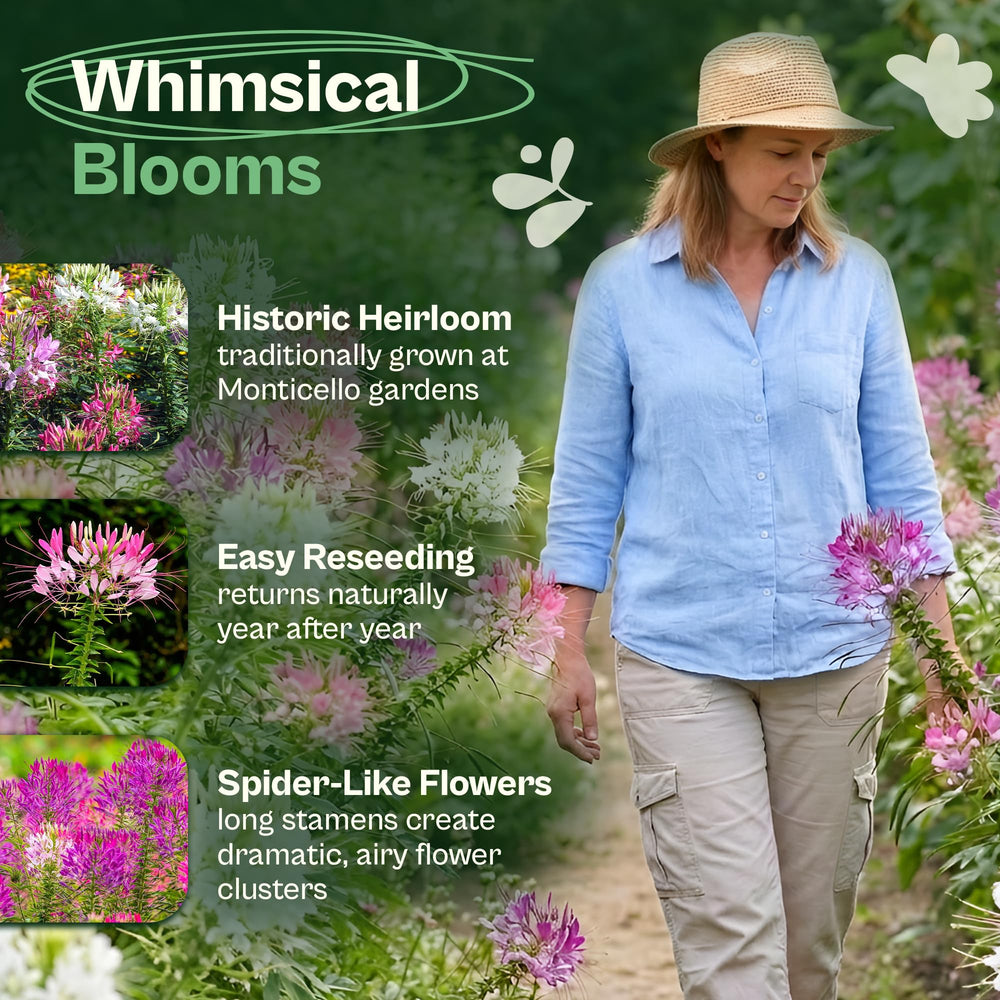 Full view of cleome plants growing in a garden setting
