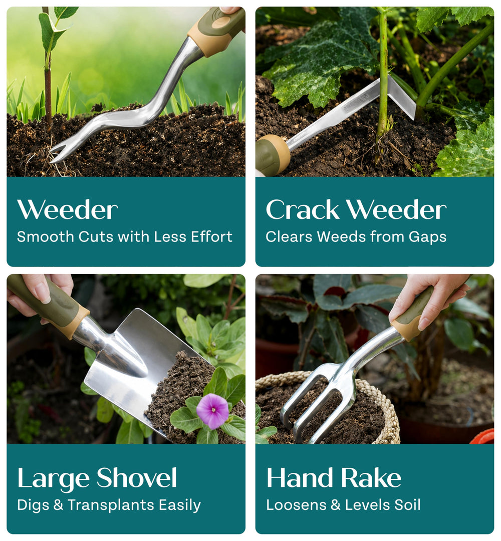 Full view of Craft911 gardening tools laid out on a table