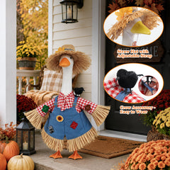 Full view of GJL Fall Porch Goose Outfit on a statue