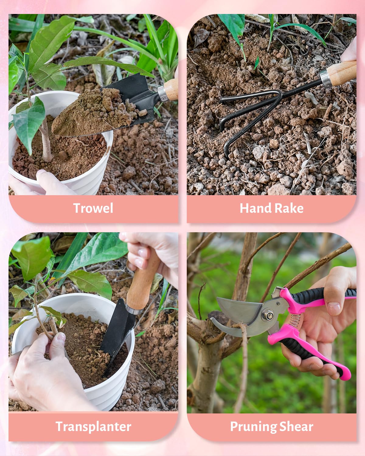 Full view of LANNIU 5 Piece Pink Gardening Tool Set on a garden table