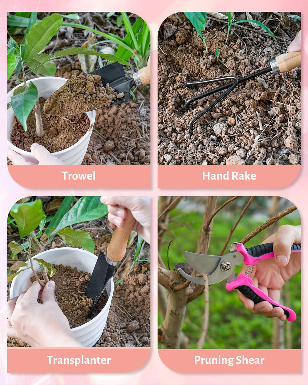 Full view of LANNIU 5 Piece Pink Gardening Tool Set on a garden table