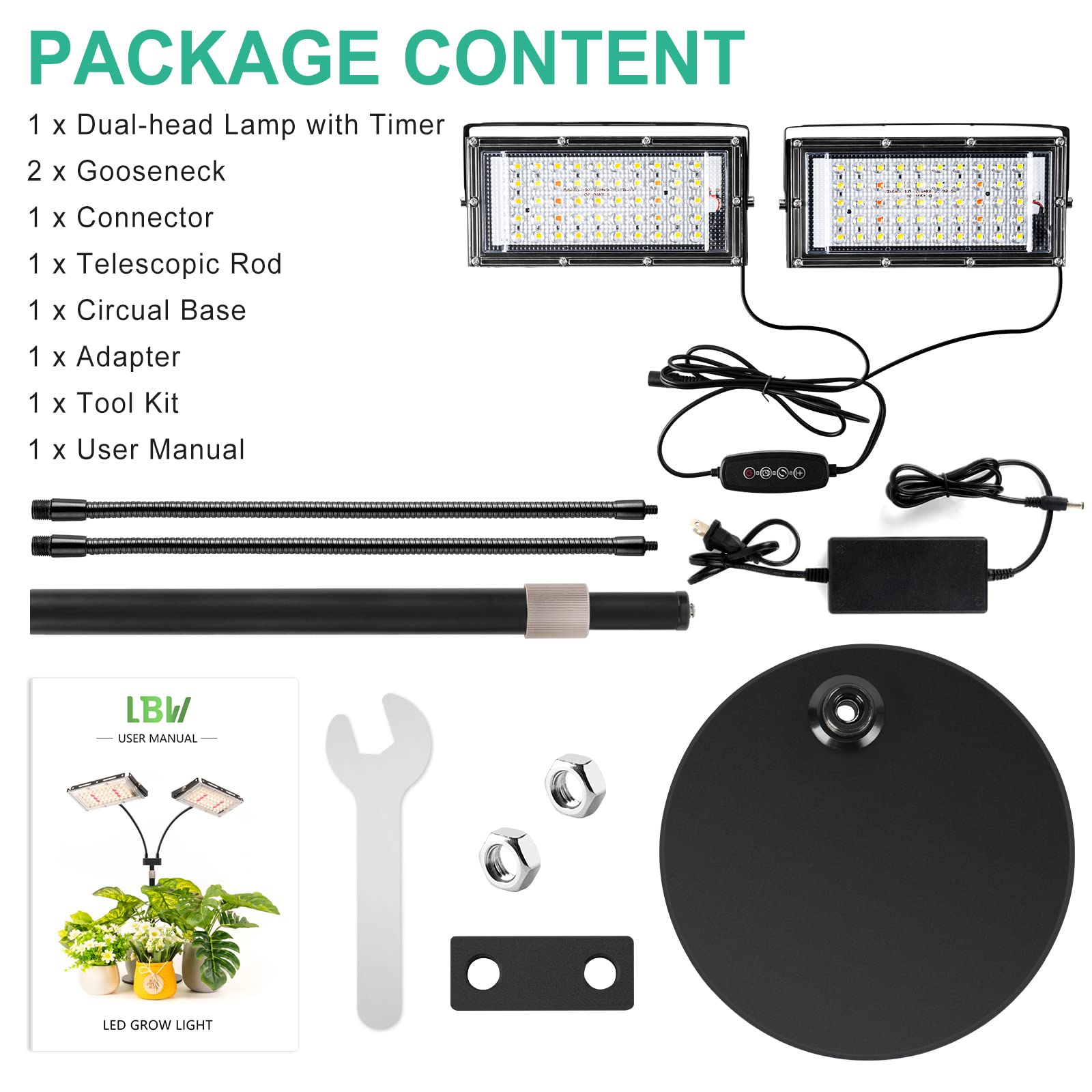 Full view of LBW Dual Heads Desk Grow Light with plant setup