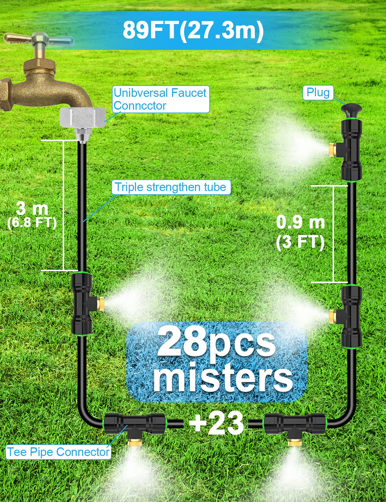 Full view of Lekit misting system setup over patio