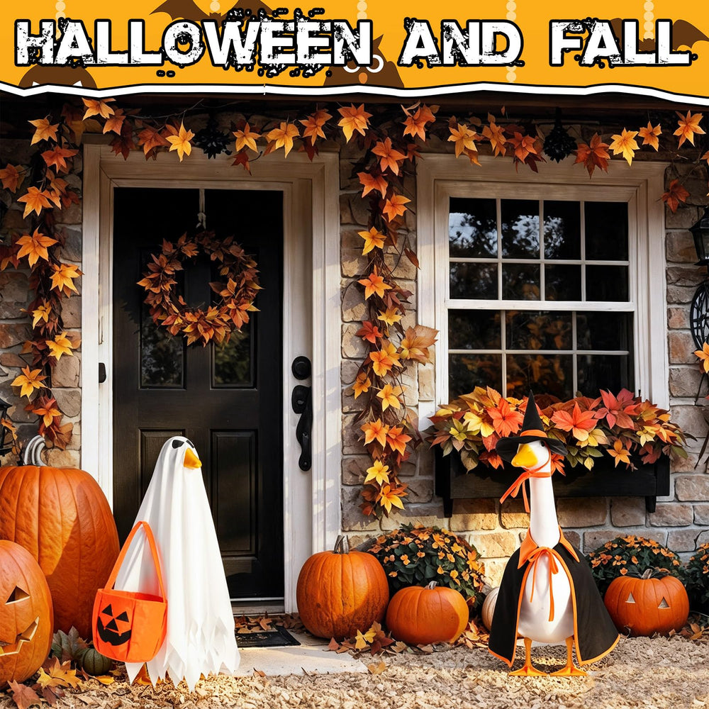 Full view of Silicherry Halloween Goose Outfit Set on a lawn goose