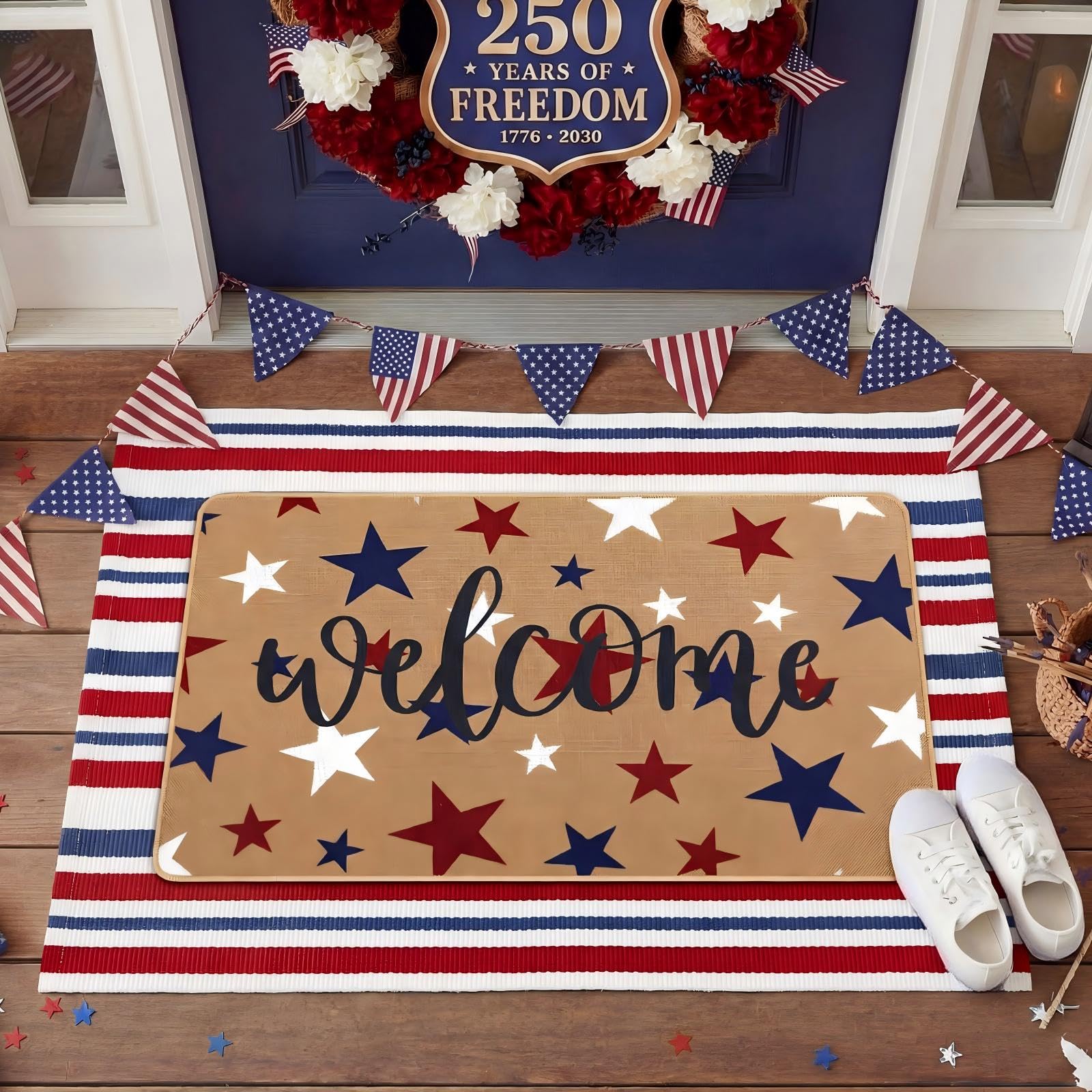 Full view of the 4th of July themed door mat in an entryway