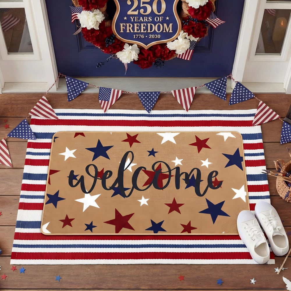 Full view of the 4th of July themed door mat in an entryway