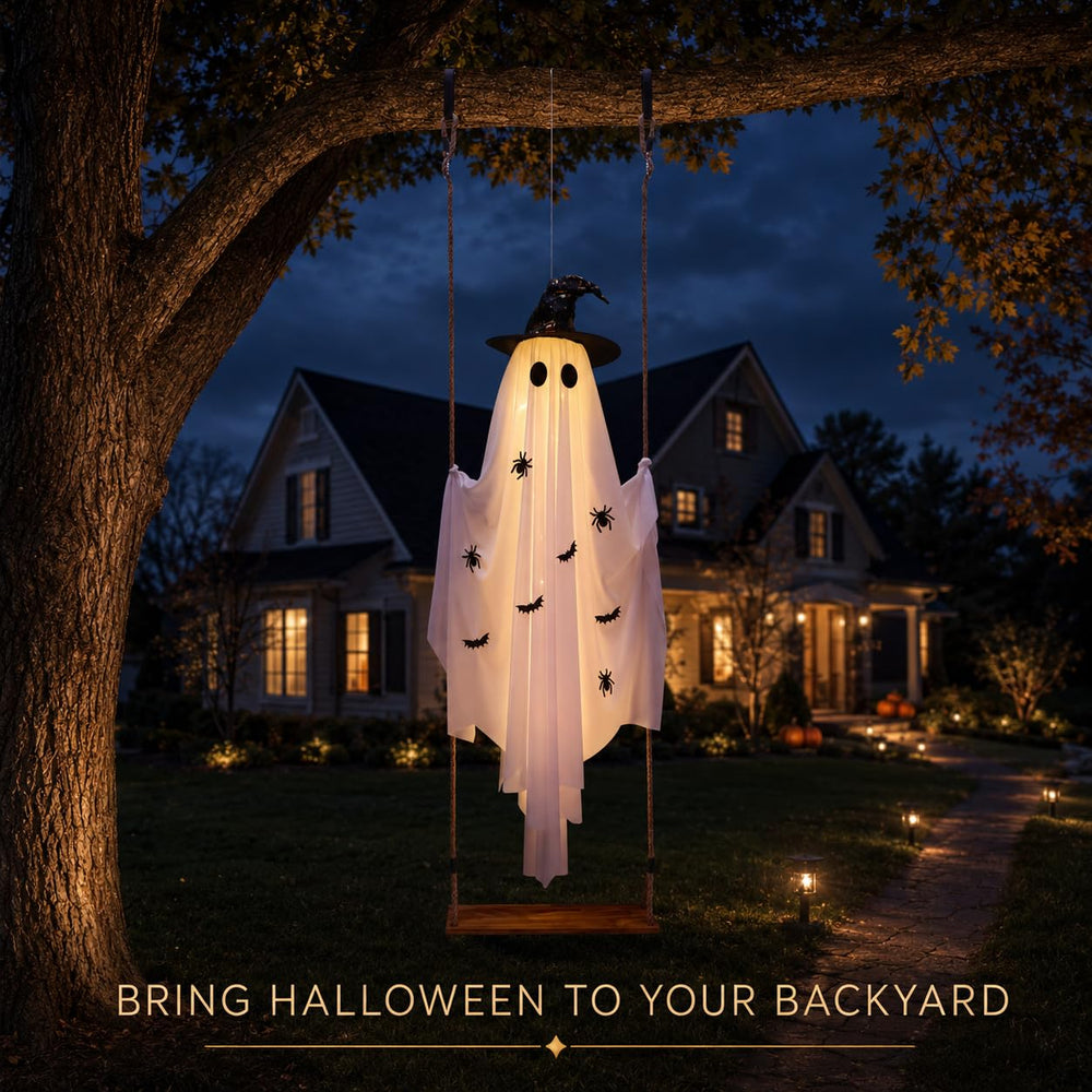 Full view of the 5.9ft Halloween Swinging Ghost outdoor decor