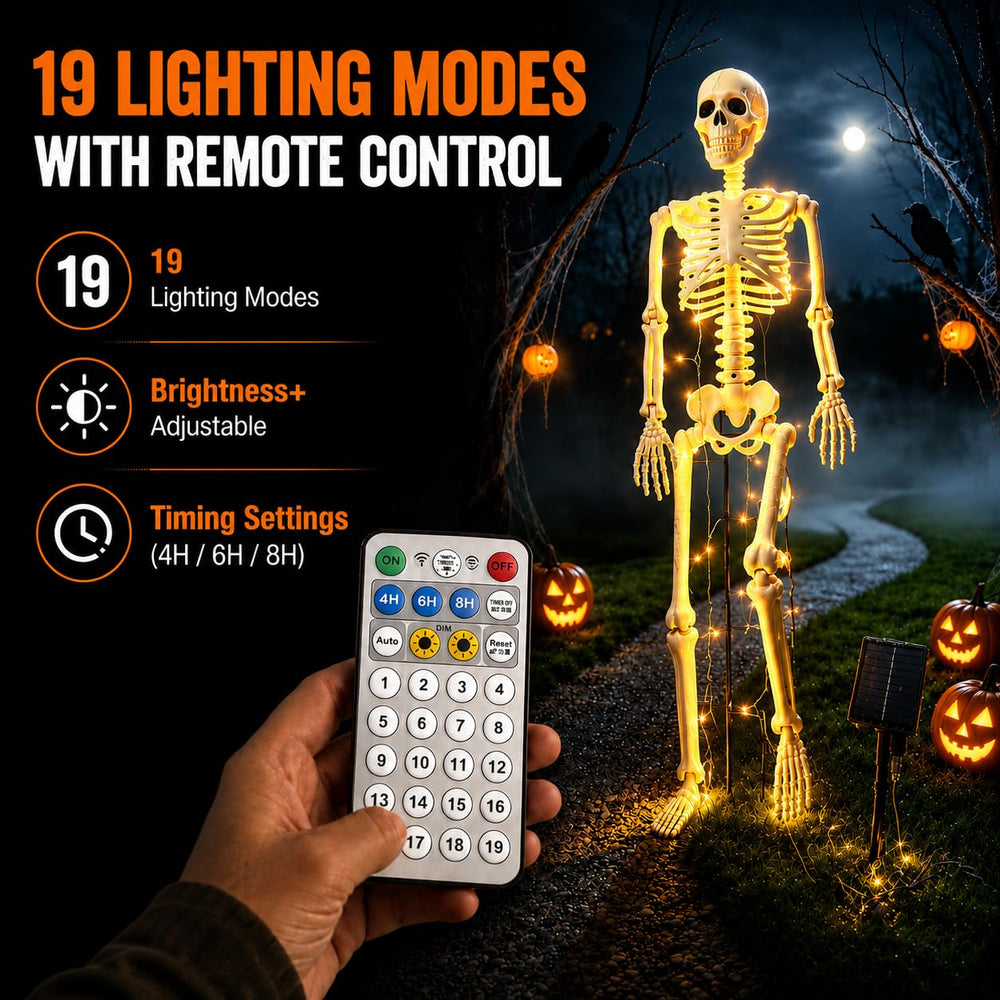 Full view of the Anrtrog skeleton with solar string lights