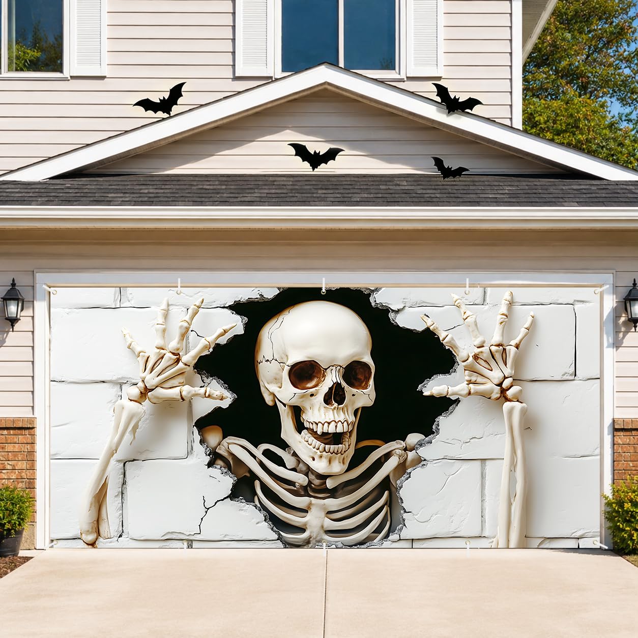 Full view of the Giant Skull Halloween Garage Door Banner