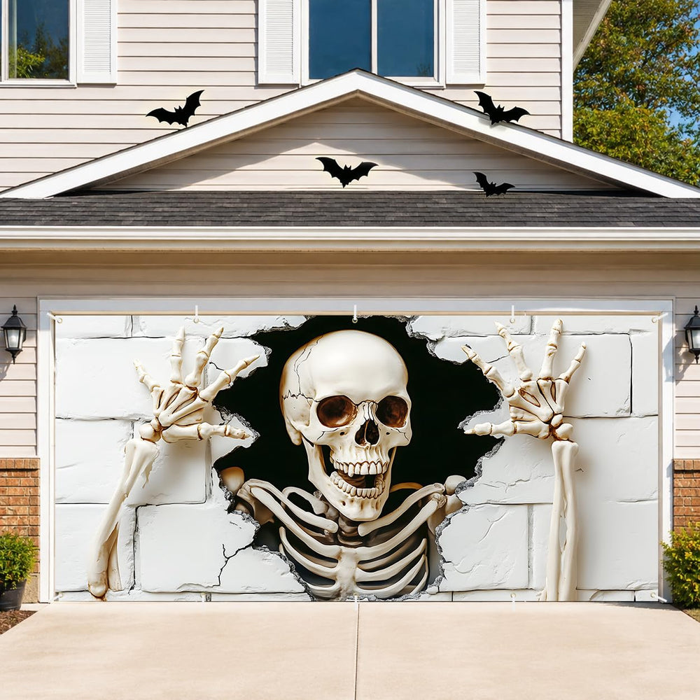 Full view of the Giant Skull Halloween Garage Door Banner