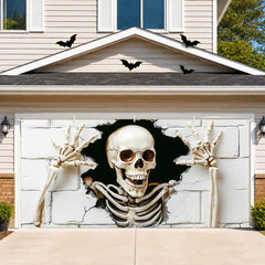 Full view of the Giant Skull Halloween Garage Door Banner