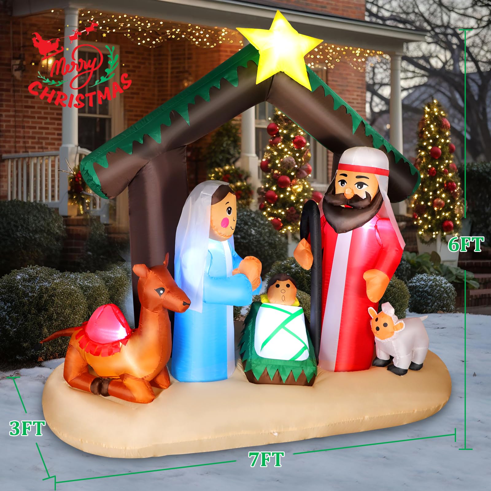 Full view of the inflatable nativity scene set up in a garden