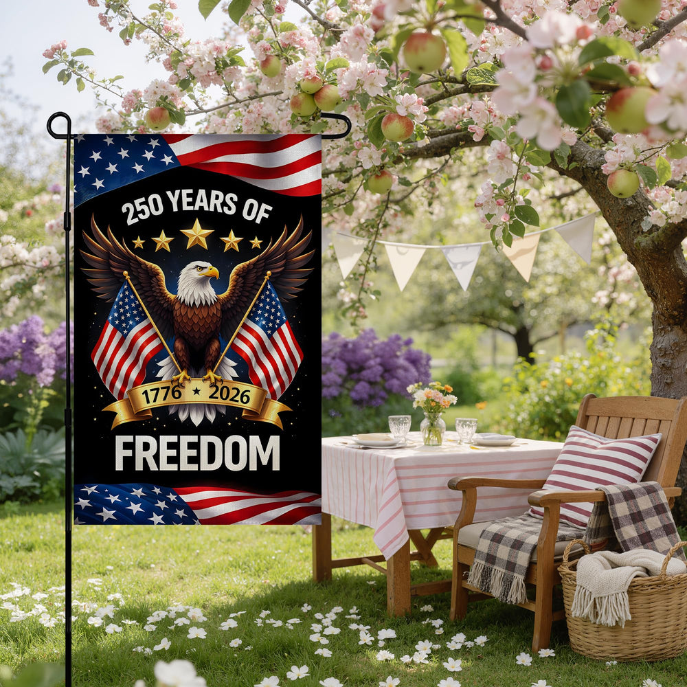 Full view of the OHOME 250th Anniversary USA flag outdoors