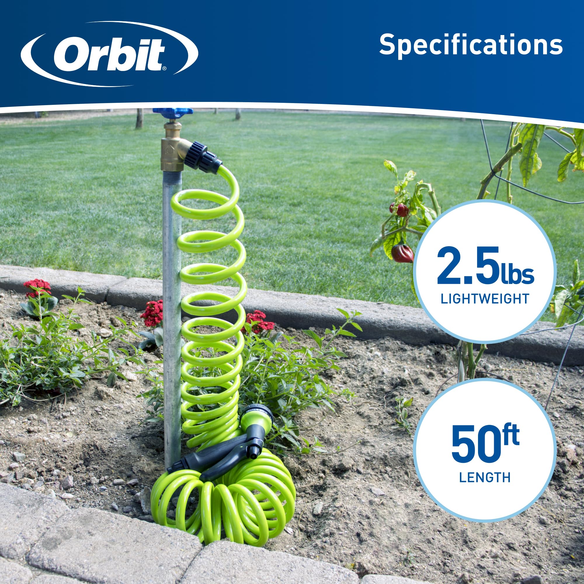 Full view of the Orbit Coil Garden Hose and nozzle packaging