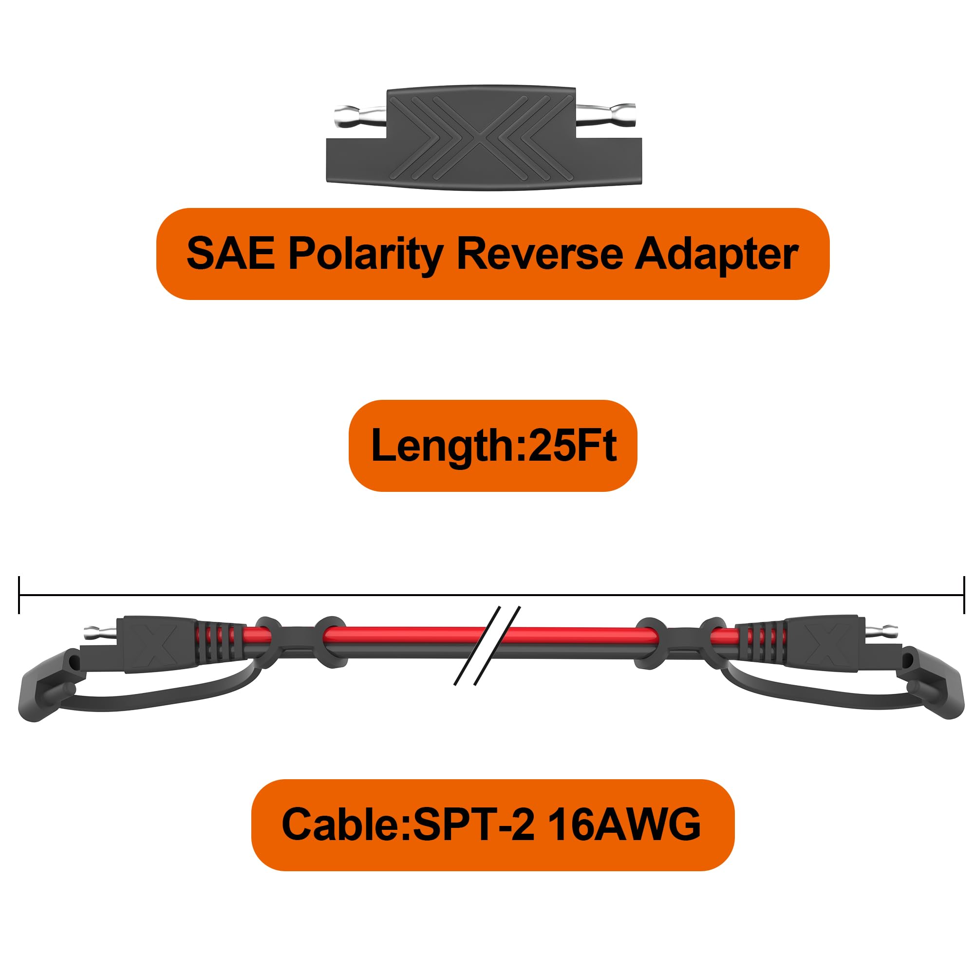 Full view of the OYMSAE SAE extension cable with polarity reverse adapter