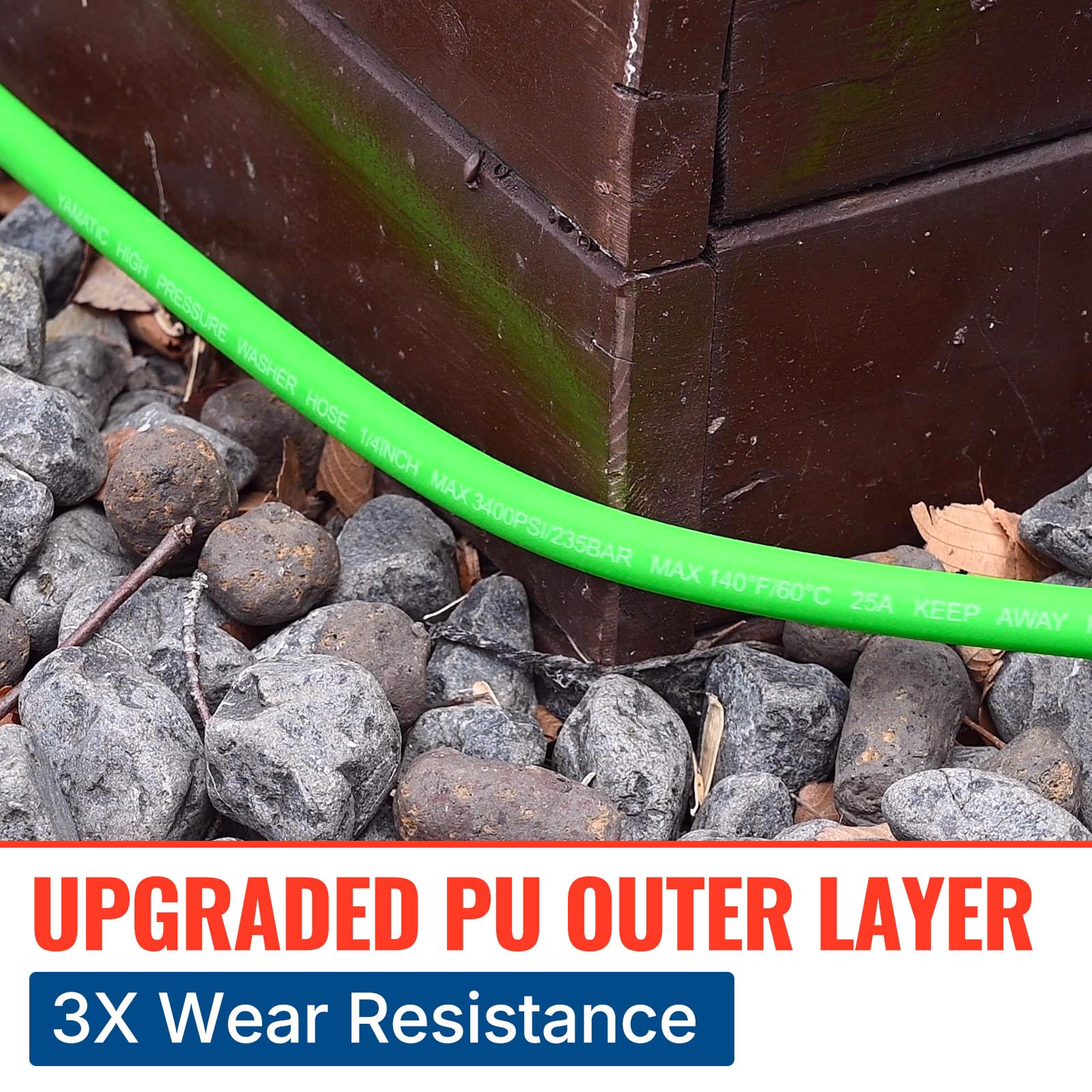 Full view of YAMATIC pressure washer hose in outdoor setting