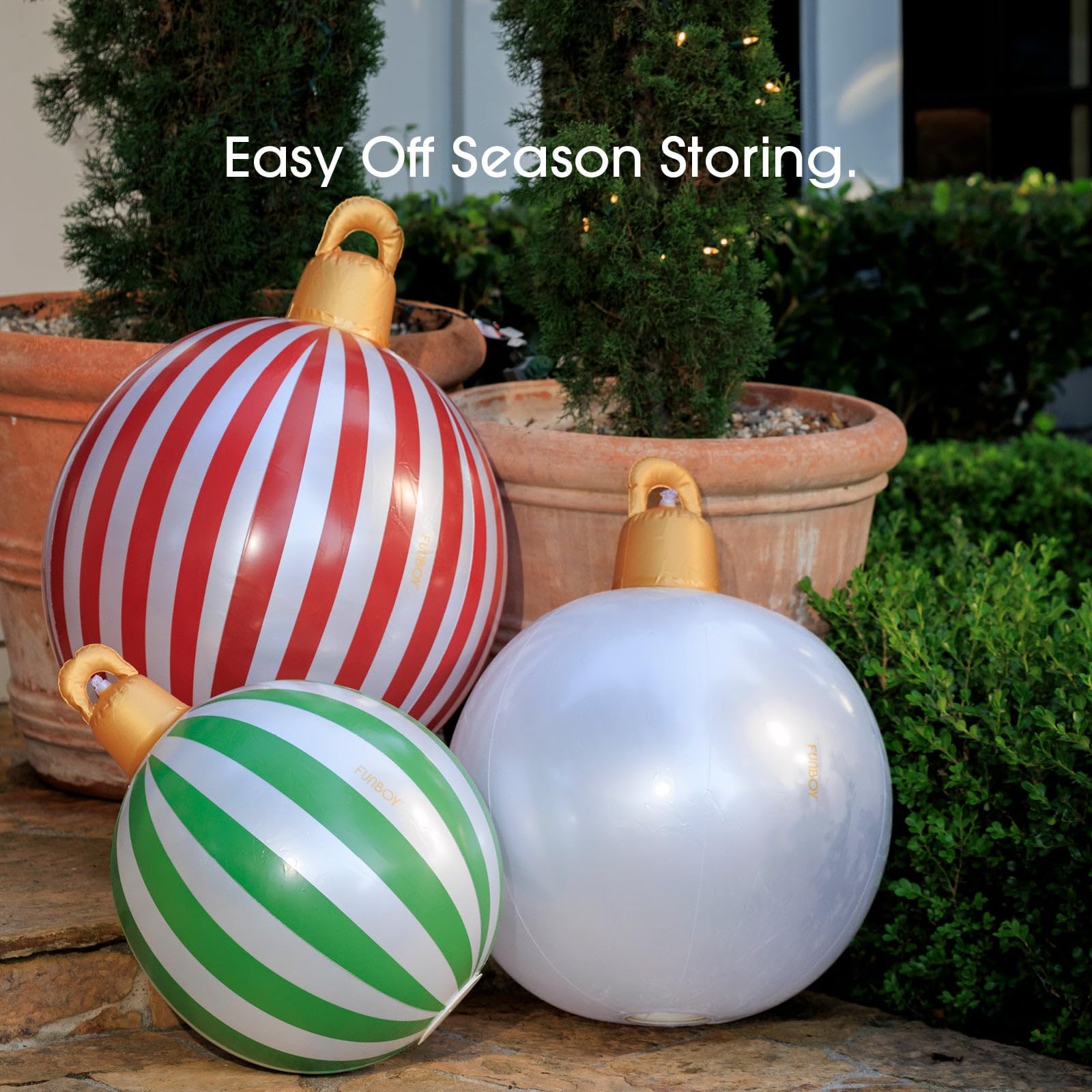 FUNBOY inflatable Christmas ornaments displayed outdoors