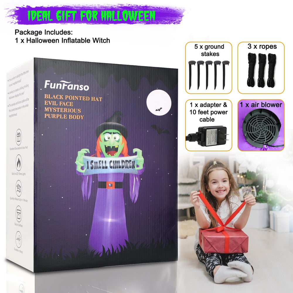 FunFanso 8FT Halloween Inflatable Witch set up in a garden