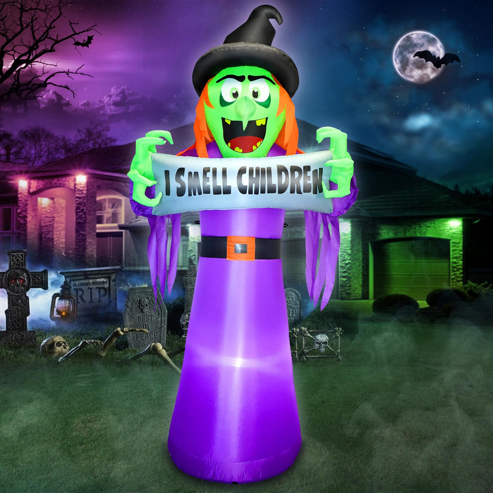 FunFanso 8FT Halloween Inflatable Witch with banner front view