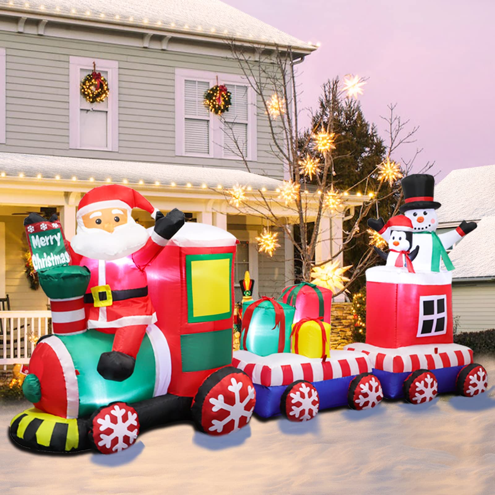 FunFanso 8FT Inflatable Christmas Train with Santa and Snowman