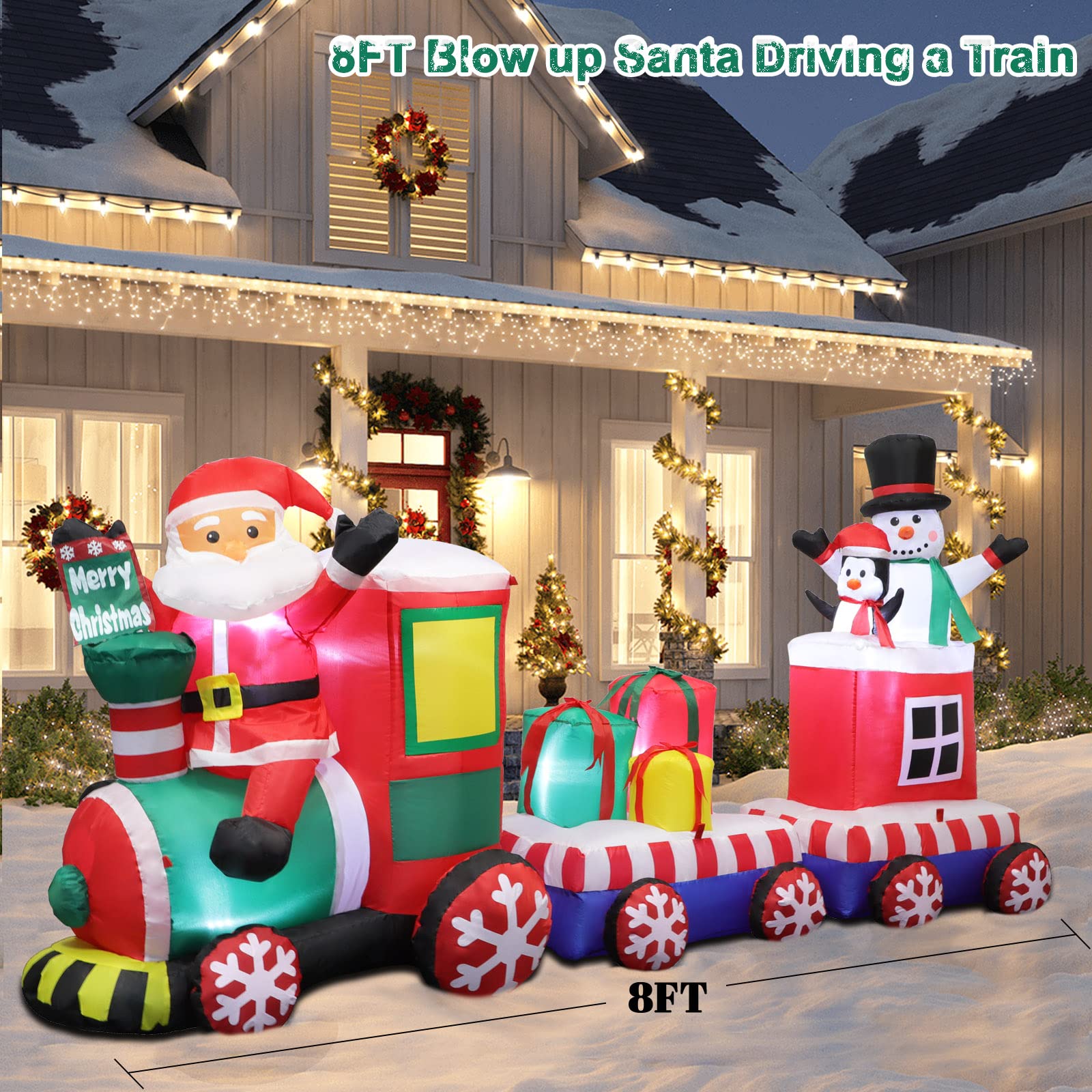 FunFanso 8FT Inflatable Christmas Train with stakes and ropes