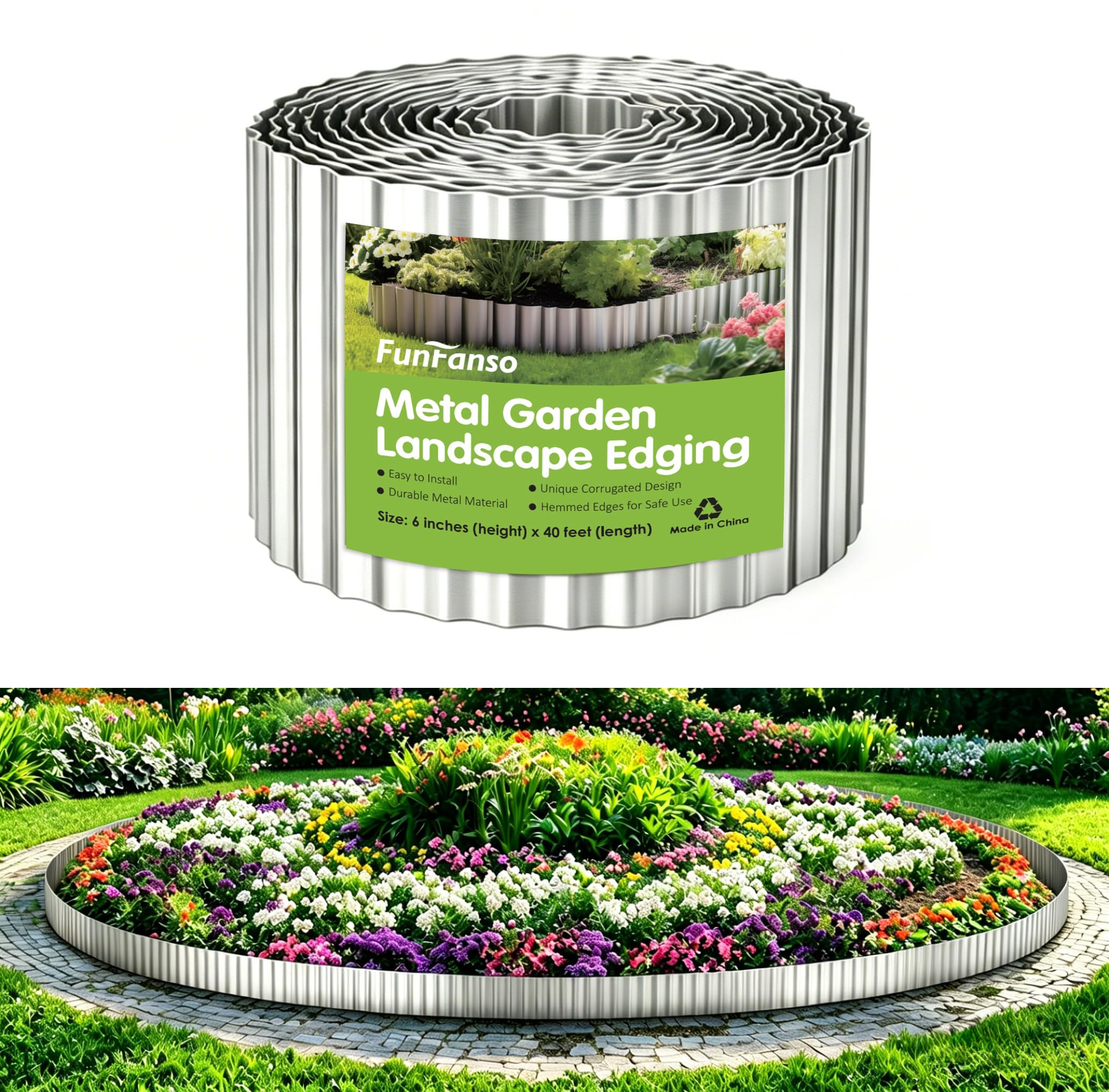FunFanso Corrugated Garden Edging 6IN x 40FT silver metal border front view
