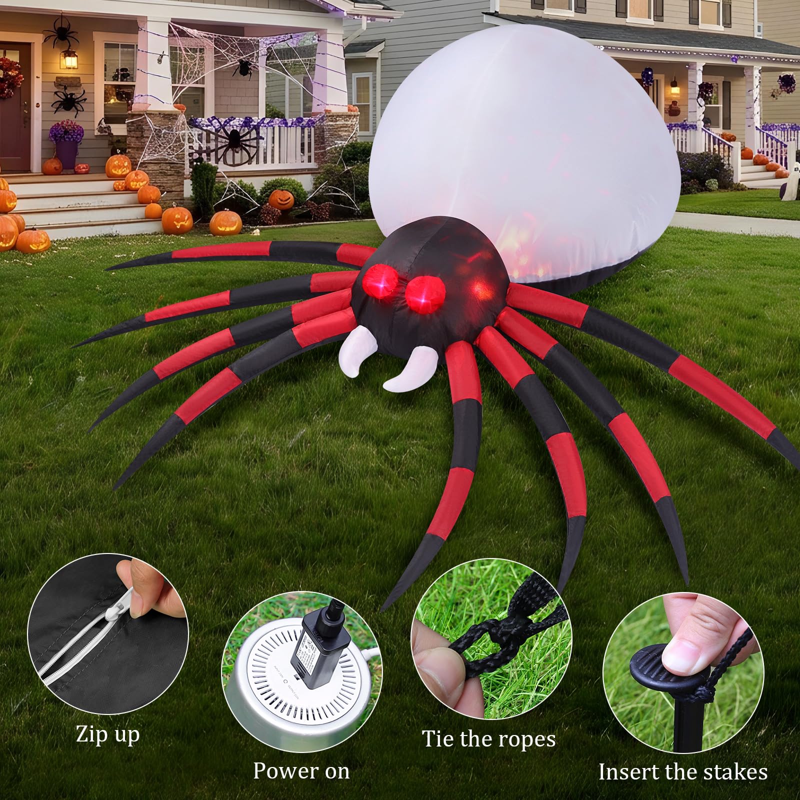 FunFanso Halloween inflatable spider in night setting with lights