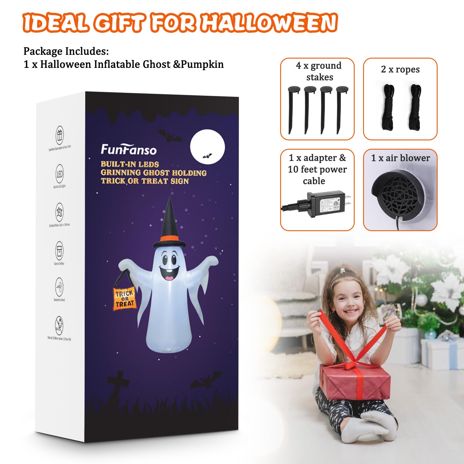 FunFanso inflatable ghost in a festive Halloween display