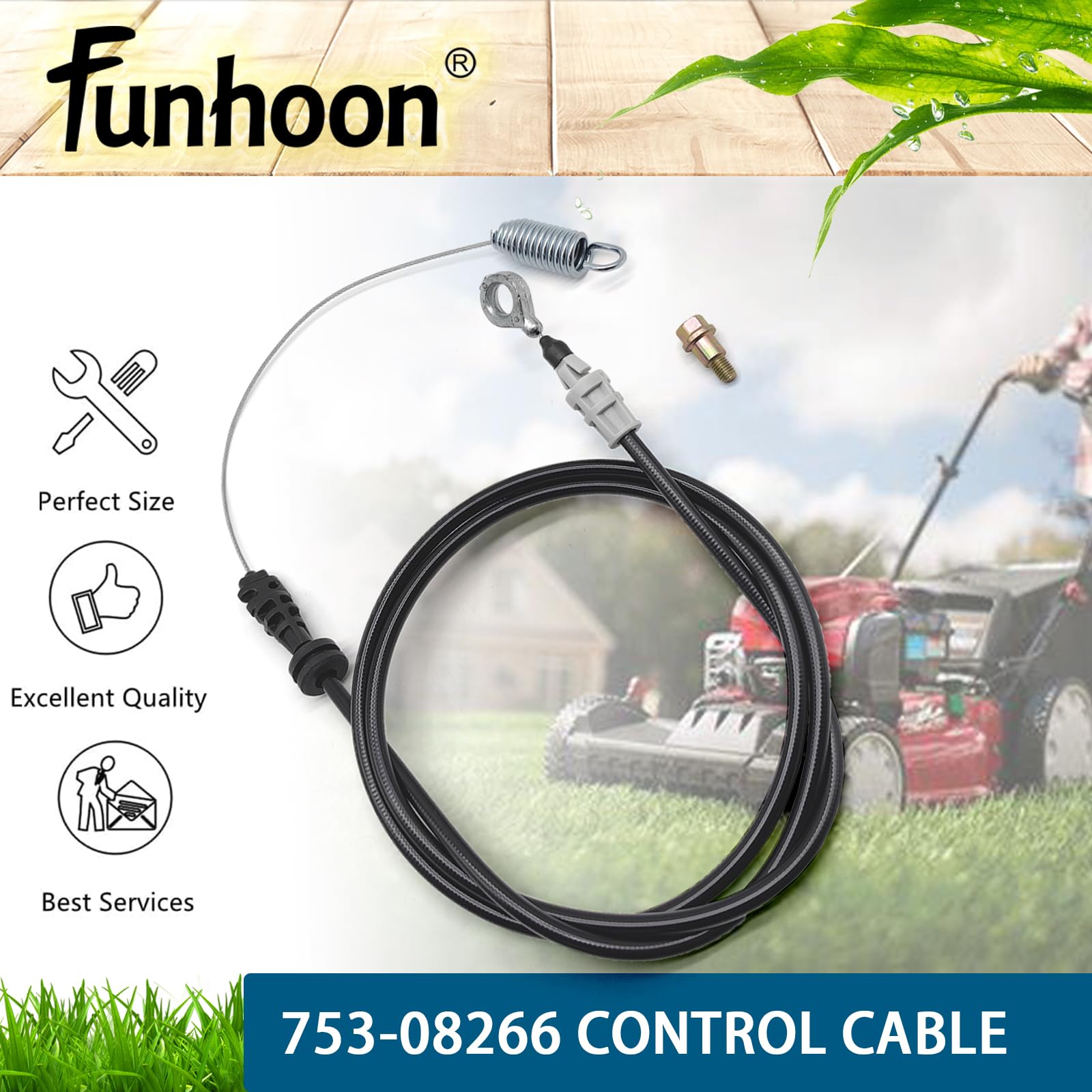 Funhoon Control Cable 753-08266, side view with specifications highlighted