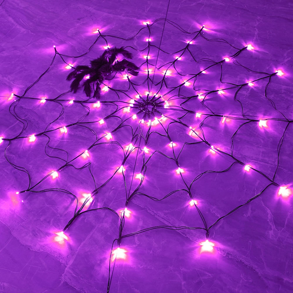 FUNPENY Halloween Spider Web Lights purple front view with LED lights