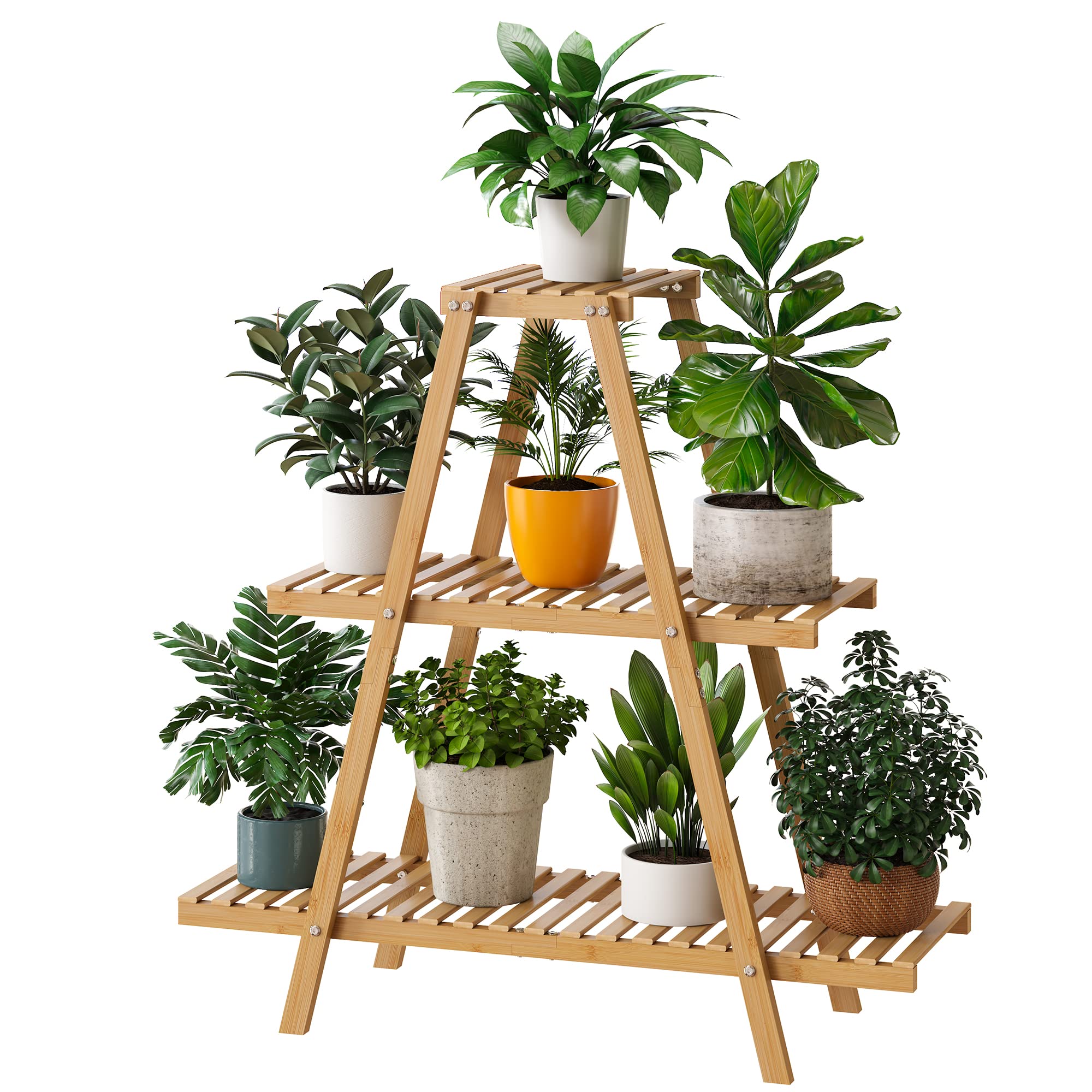 Furshus Bamboo Plant Stand front view with potted plants