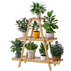 Furshus Bamboo Plant Stand front view with potted plants