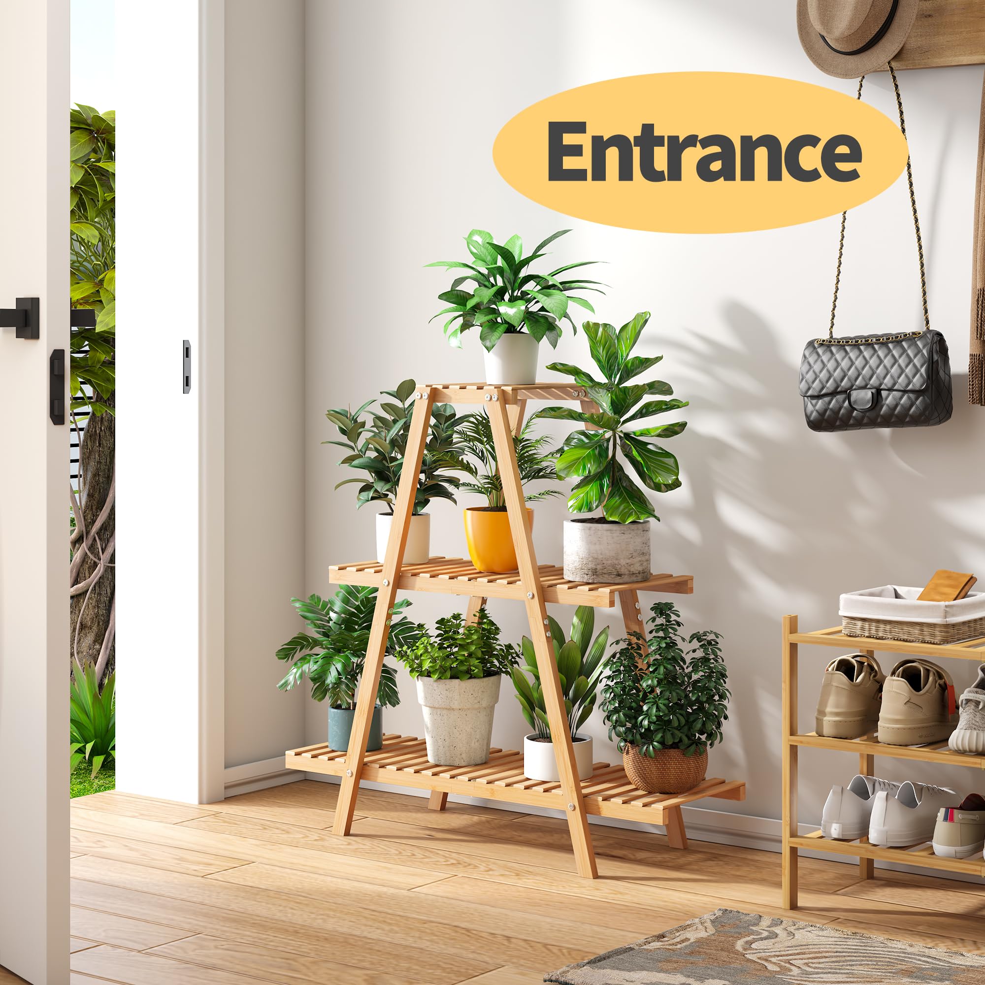 Furshus Bamboo Plant Stand in outdoor garden setting