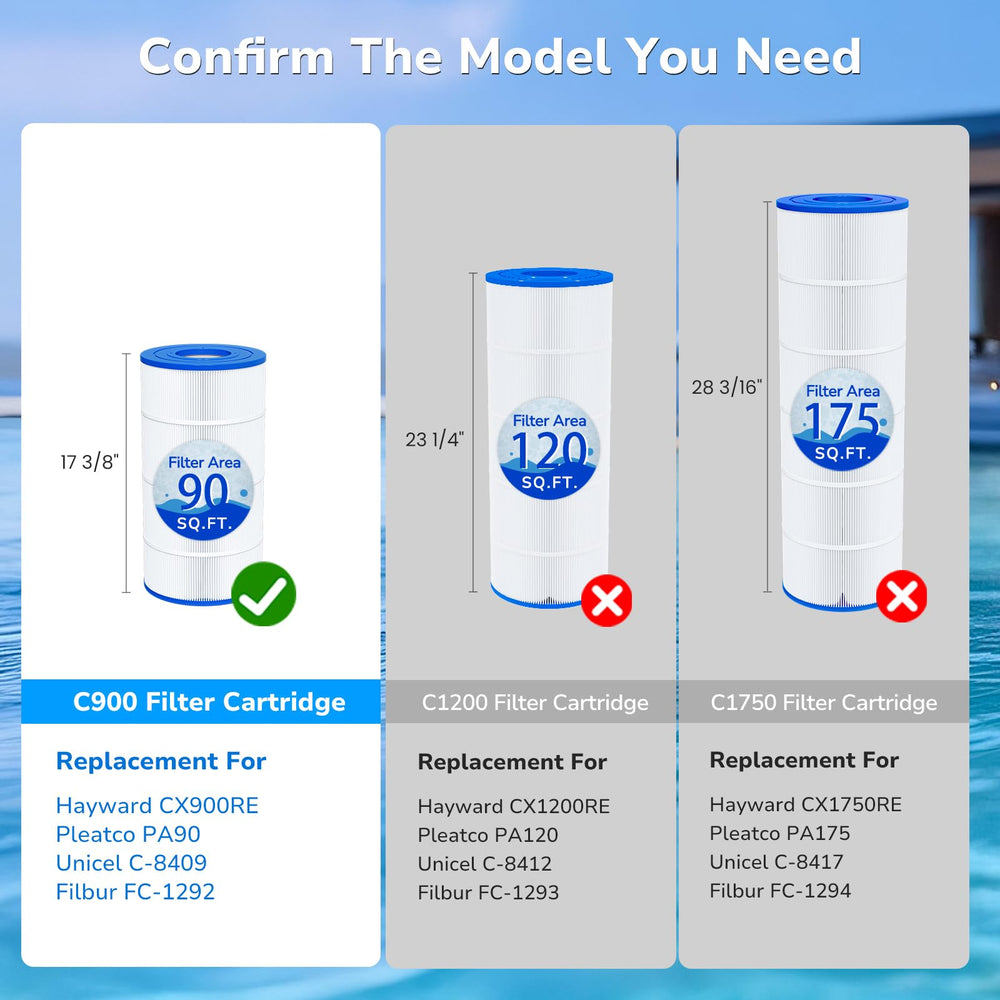 Future Way C900 pool filter cartridge with measurement details